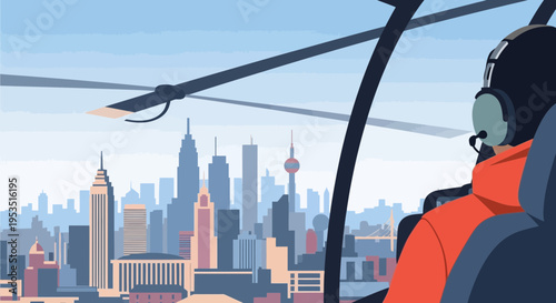 Pilot in helicopter cockpit overlooking city skyline, aerial view, modern cityscape