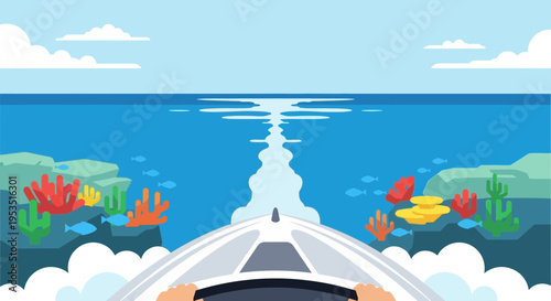 POV boat ride over coral reef, clear blue ocean water, sunny day, summer vacation