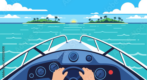 POV boat ride towards tropical islands at sunset, ocean adventure