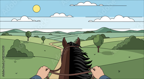 POV horse riding through green countryside landscape, sunny day
