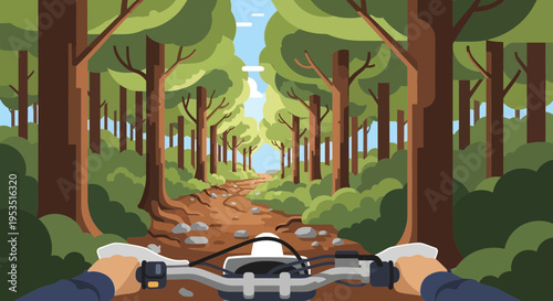 POV Mountain Biking on Forest Trail with Green Trees and Blue Sky