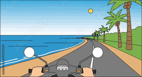 POV Scooter Ride on Tropical Beach Road, Palm Trees, Ocean View, Sunny Day
