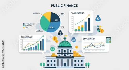 Public Finance Concept: Government Building, Pie Chart, Bar Graphs, Coins