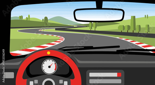 Racing car dashboard view, racing track, green hills, sunny day, speed