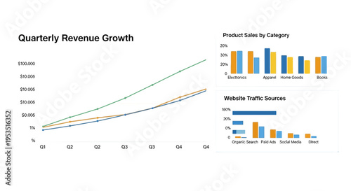 Quarterly Revenue Growth Chart with Product Sales and Traffic Sources