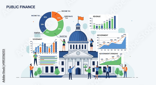 Public Finance Concept: Government Building with Financial Charts and People