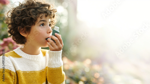 Child using asthma inhaler for breath relief. Boy with curly hair treating respiratory condition outdoors. Healthcare concept for allergy management and pulmonary medical support treatment.