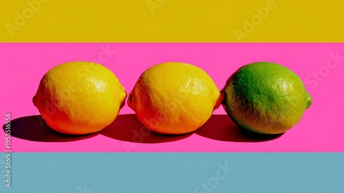 lemons. three lemons in a row. yellow and green lemons