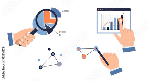 Collection of business analytics and data visualization icons, featuring hands interacting with charts