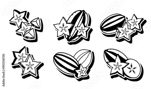 A black and white vector graphic illustration of starfruit and watermelon slices