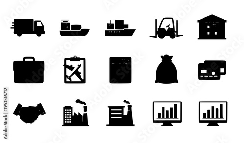 A set of black silhouettes depicting various business and industry icons