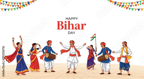 Illustration of people celebrating Bihar Day with traditional Indian dance and music, against a white background with colorful decorations.