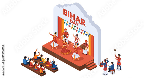 Isometric illustration of people celebrating Bihar Day with cultural performances on a stage and audience, against a clean white background with colorful decorations and a prominent banner.