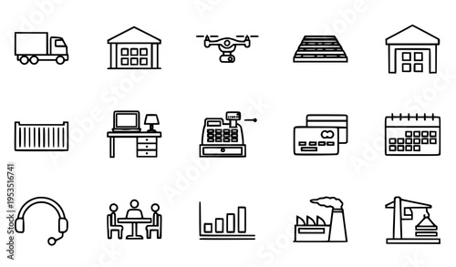 A set of black and white line art icons depicting business and industry concepts