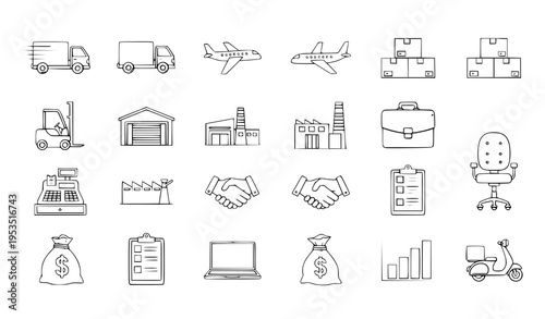 A collection of business and logistics icons in a minimal line art style