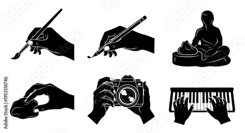 Set of six black silhouette hands engaged in creative arts like painting sculpting photography and playing piano