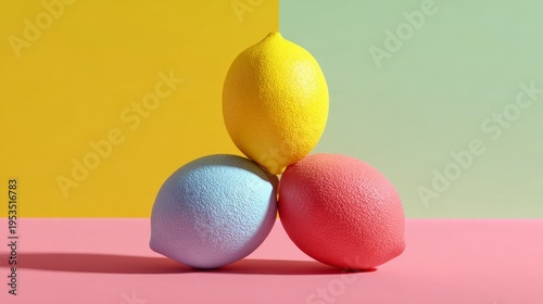 minimalist poster design with a yellow, pink, and green background featuring three lemons in different colors