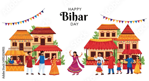 Illustration of people celebrating Bihar Day with traditional Indian clothing and architecture in a vibrant cultural festival setting with colorful decorations.