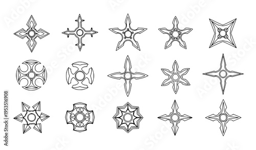 A collection of intricate star shaped vector graphic designs and icons