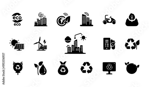 A set of eco-friendly icons representing sustainable living and environmental conservation