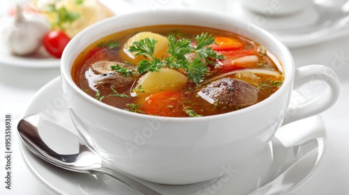 photo of a delicious soup in a bistro