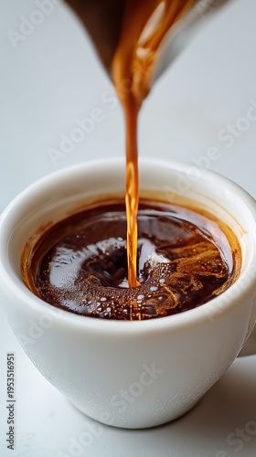 photo close up of espresso coffee pouring into the cup. espresso coffee