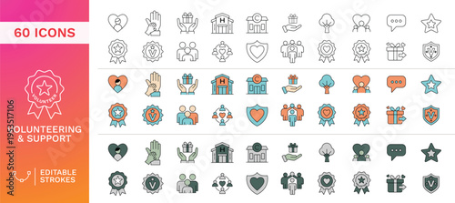 Volunteering Community Support Line Icons Set – Editable Stroke, Charity, Donation, Nonprofit, Social Help, Kindness, Healthcare, Minimal Outline UI Icons Collection