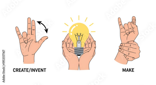 Sign language gestures for create invent and make words with glowing lightbulb illustration for creative ideas concept
