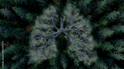 Photorealistic forest. the trees forming a lung shape. The lung shape in the center of the image from above, with branches
