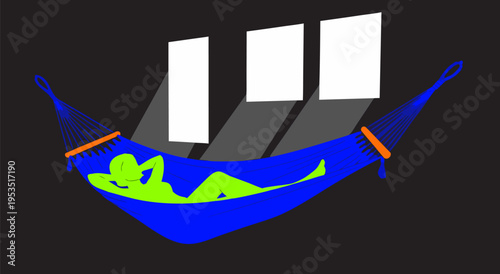 Relaxing green figure in blue hammock with window light and shadows, vector illustration