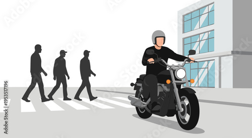 Vector illustration of a person riding a motorcycle on a street with pedestrians crossing, cityscape