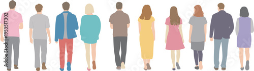 People walking rear view vector illustration, diverse crowd of men and women from back, urban lifestyle characters set, modern flat design for city, social, and advertising