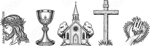 Black-and-white religious icon set featuring Jesus with crown of thorns, chalice, church, wooden cross, and Sacred Heart stigmata