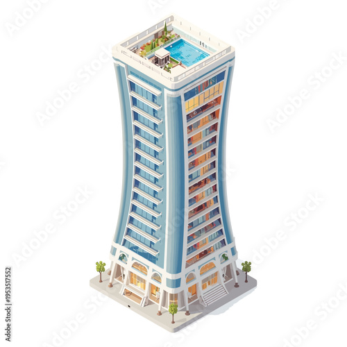 Modern isometric city building inspired by technology and electronics