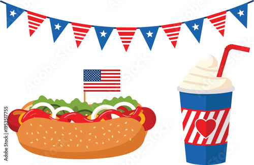 American 4th of July picnic vector illustration featuring a gourmet hot dog with toppings, patriotic milkshake, USA flag, and bunting garland isolated on white.