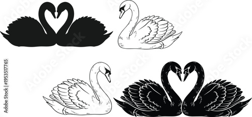 Artistic illustration of black and white swans, pairs forming heart shapes and singles with graceful necks, symbolizing love, duality, elegance, and beauty in design.
