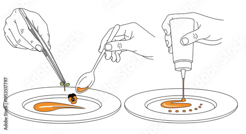 Chef hands garnishing food on plate with tweezers spoon sauce bottle professional culinary process