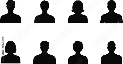 User avatar silhouette collection, male and female profile icons set, black human head shapes, minimal people silhouettes for social media, app interface, and digital identity