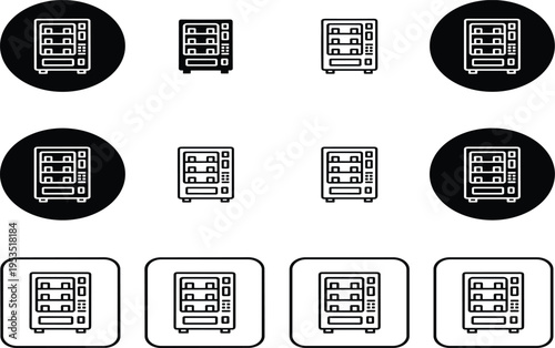 Vending machine icon collection in outline, solid and badge styles, automated snack dispenser vector set isolated for retail kiosk interface and self service technology concept
