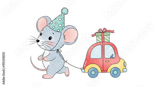 A mouse wearing a party hat pulls a toy car with a gift on top.