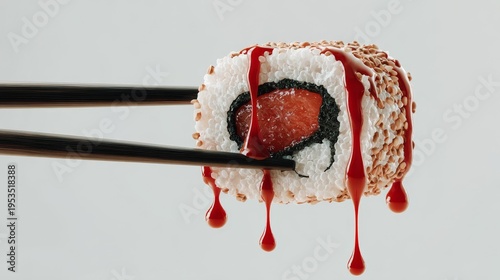 sushi roll with ketchup dripping down. black chopsticks holding it against