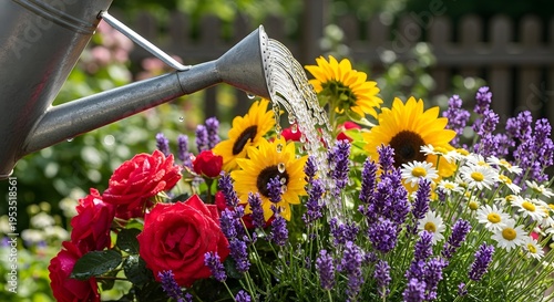 Vibrant garden flowers being watered on a sunny day