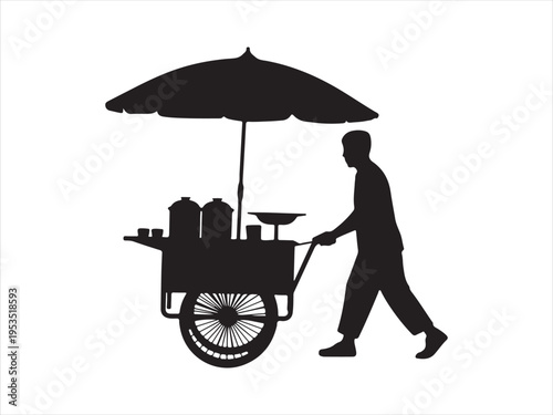 Black and White Vector Silhouette of Street Food Vendors Pushing Carts, Mobile food stall vector illustration