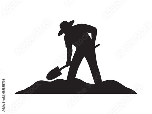 Silhouette of a man digging with a shovel, isolated agriculture work vector illustration