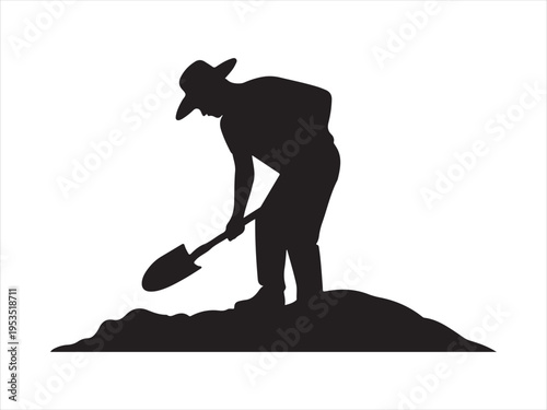 Silhouette of a man digging with a shovel, isolated agriculture work vector illustration