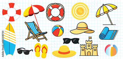 Summer Beach Vacation Elements Collection, Various summer beach vacation items including surfboard, beach chair, parasol, hats, sunglasses, sandals, sandcastle, and beach balls on white background