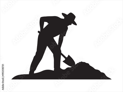 Silhouette of a man digging with a shovel, isolated agriculture work vector illustration