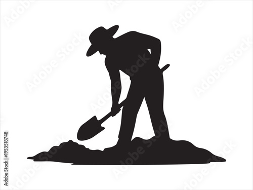 Silhouette of a man digging with a shovel, isolated agriculture work vector illustration