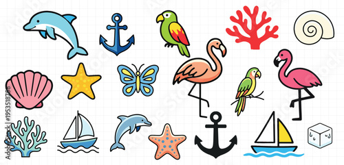 Summer Tropical Marine Life Cartoon Elements Collection of various marine and tropical animal icons, dolphins, anchors, parrots, coral, seashells, starfish, butterflies, flamingos, and sailboats