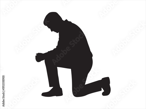 A man kneels on one knee in a contemplative pose, respect proposal prayer vector illustration